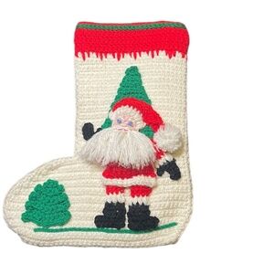 Hand Crafted Crochet Santa Claus Christmas Stocking - Red Green White